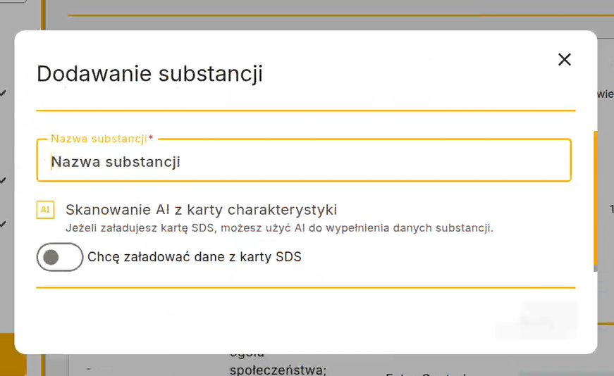 Dodawanie substancji – opcja skanowania AI z&nbsp;karty SDS