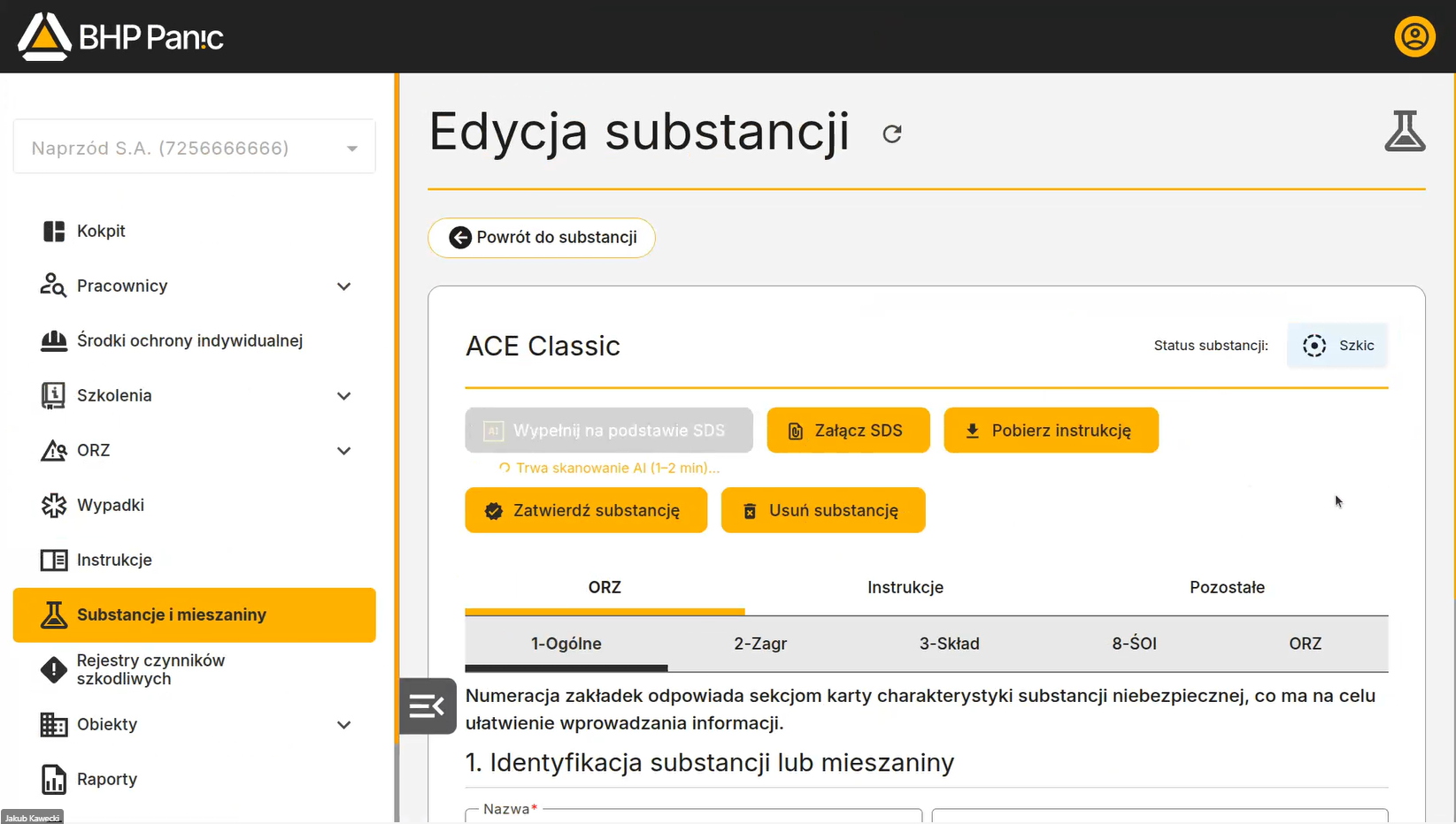 Edycja substancji – trwające skanowanie AI karty charakterystyki