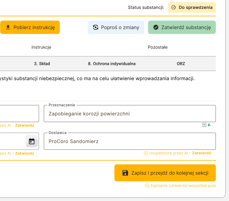 Edycja substancji – pole zatwierdzone przez człowieka po weryfikacji AI