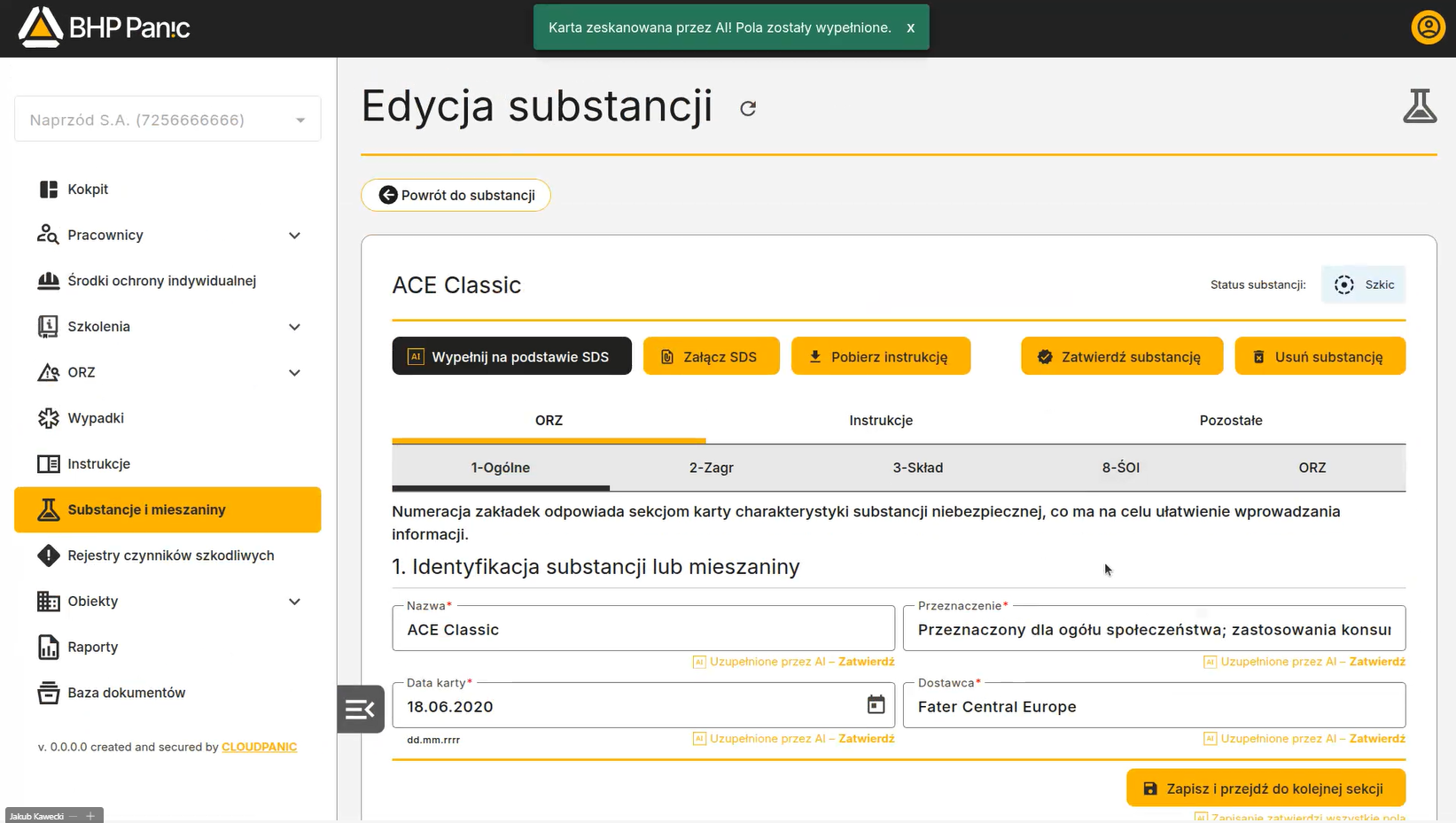 Edycja substancji – pola uzupełnione przez AI na podstawie karty SDS