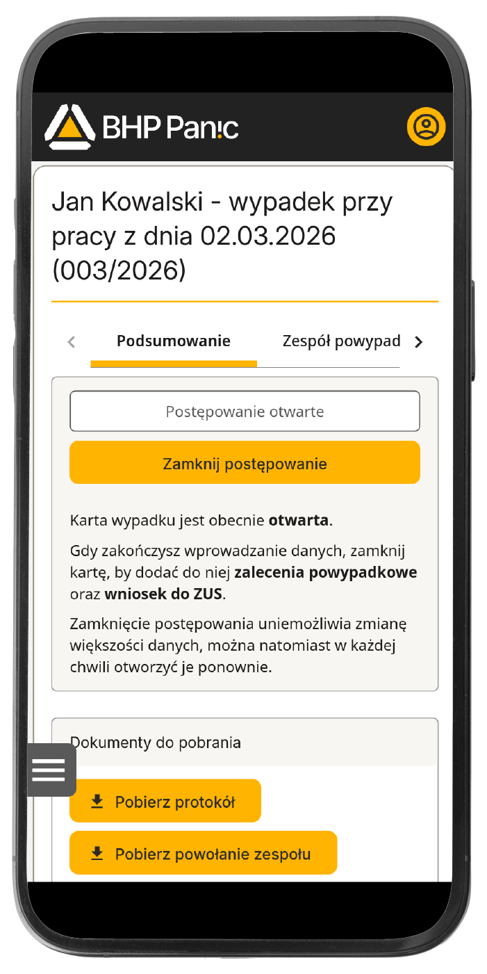 Moduł Wypadki aplikacji BHP Panic na smartfonie