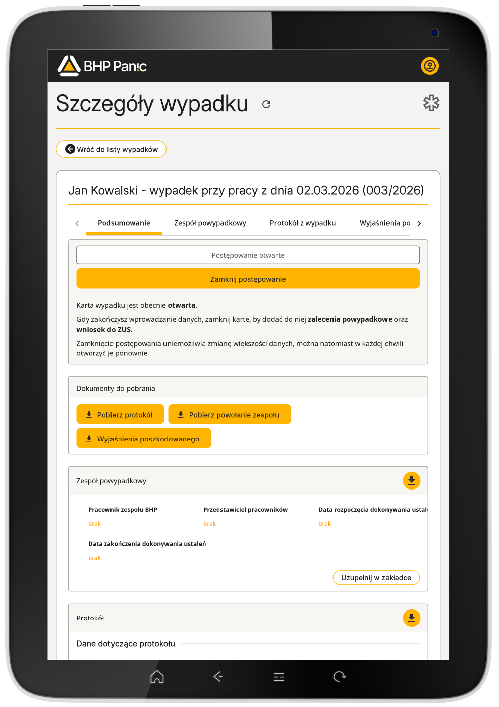 Mduł Wypadki aplikacji BHP Panic na tablecie