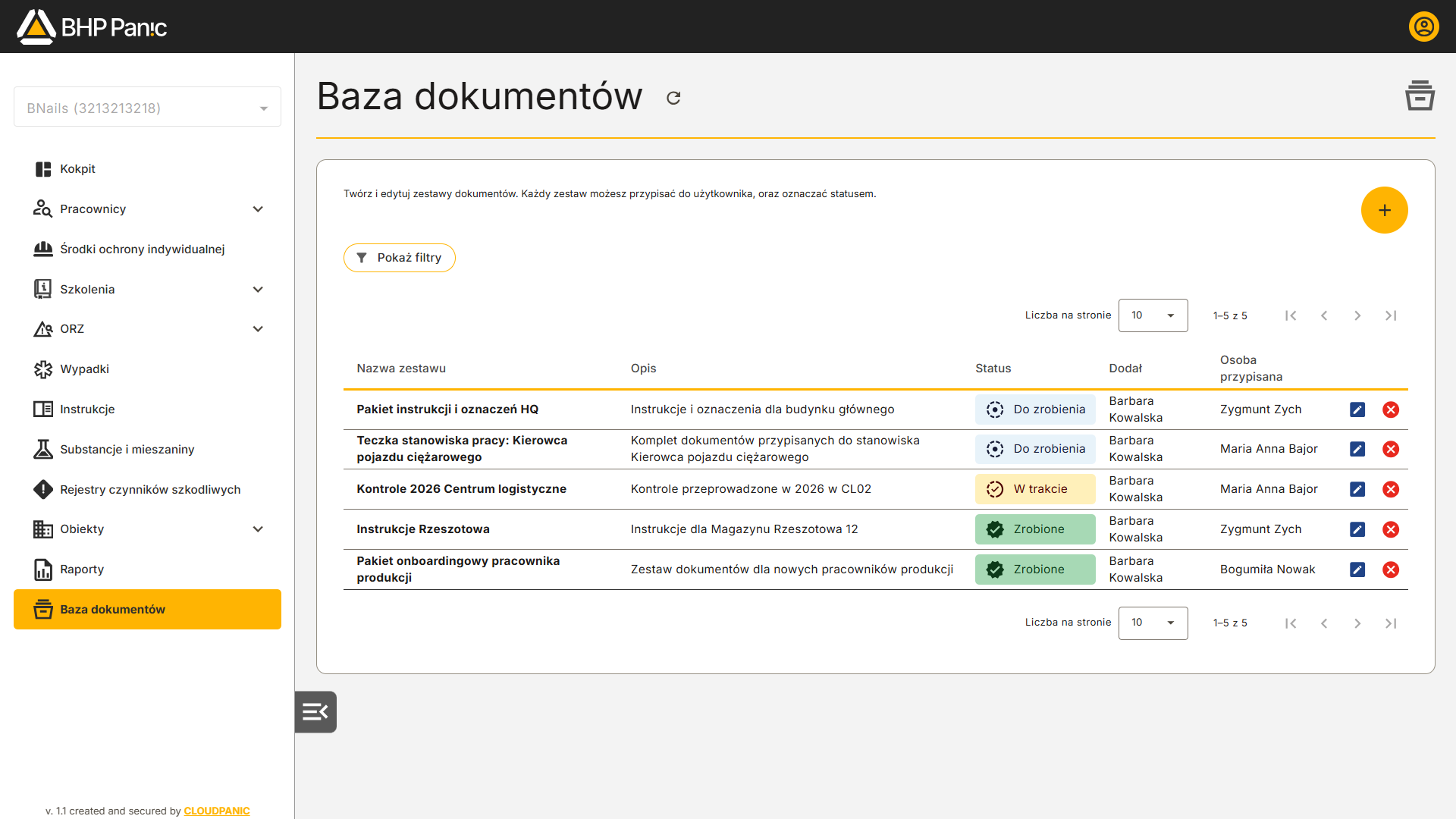 Lista zestawów dokumentów BHP ze statusami kompletności
