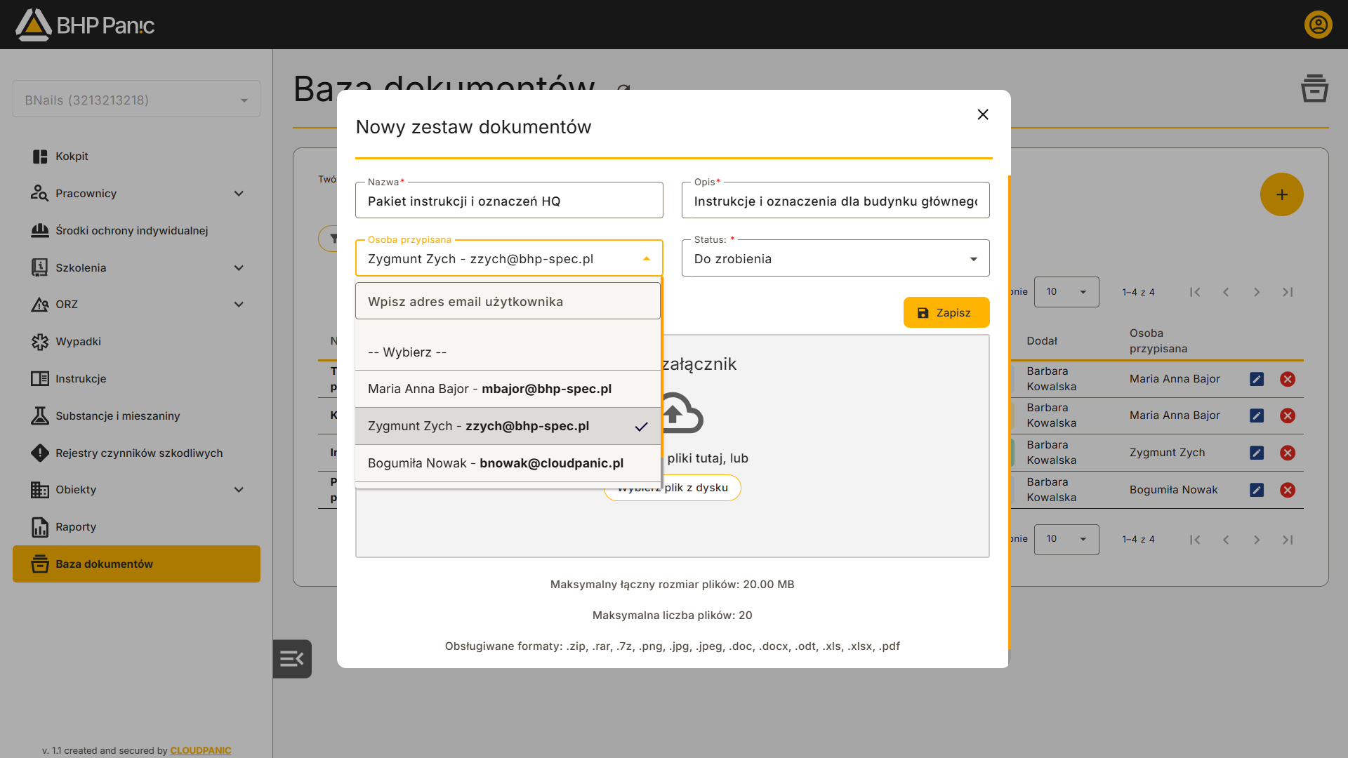 Tworzenie nowego zestawu dokumentów BHP