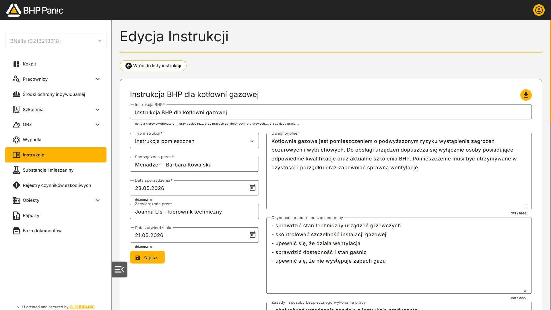 Edycja instrukcji BHP – formularz tworzenia instrukcji pomieszczeń dla kotłowni gazowej