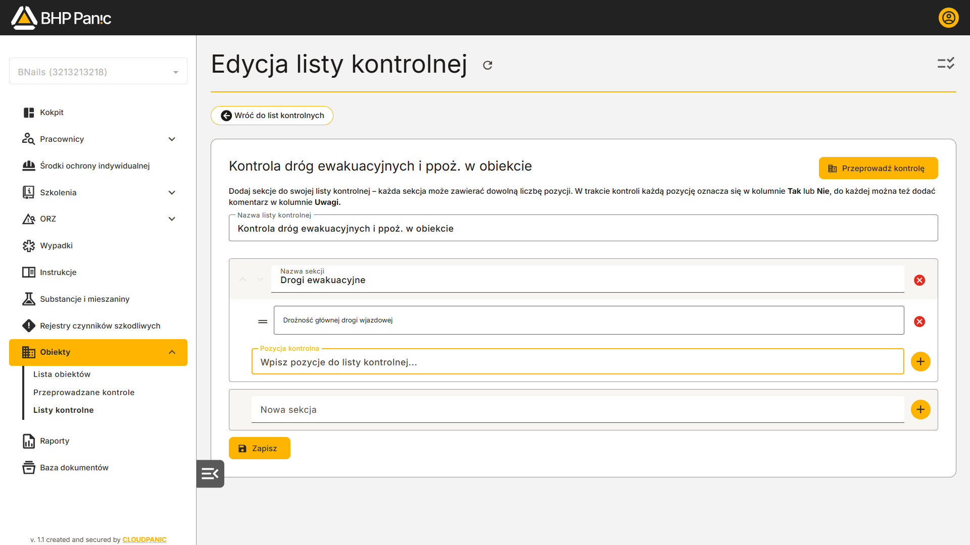 Edycja listy kontrolnej dla kontroli BHP obiektu