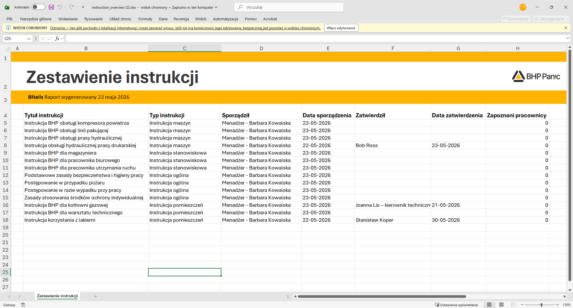 Zestawienie instrukcji BHP w&nbsp;module Raporty