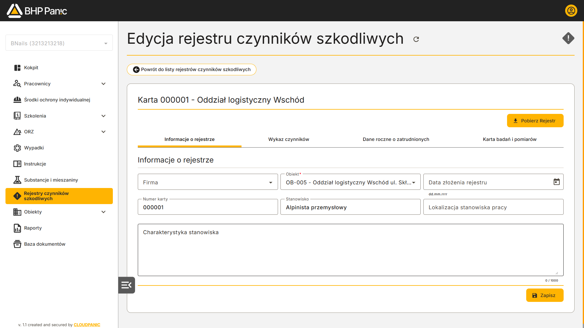 Edycja informacji o&nbsp;rejestrze czynników szkodliwych dla obiektu