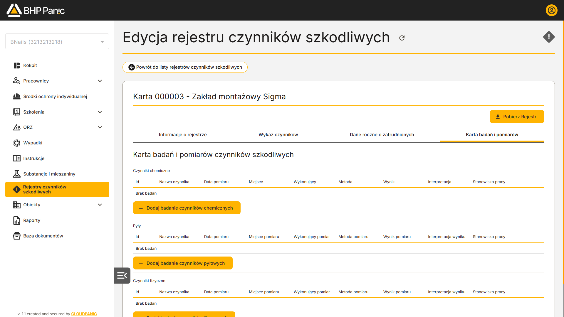 Karta badań i&nbsp;pomiarów czynników szkodliwych dla zakładu montażowego