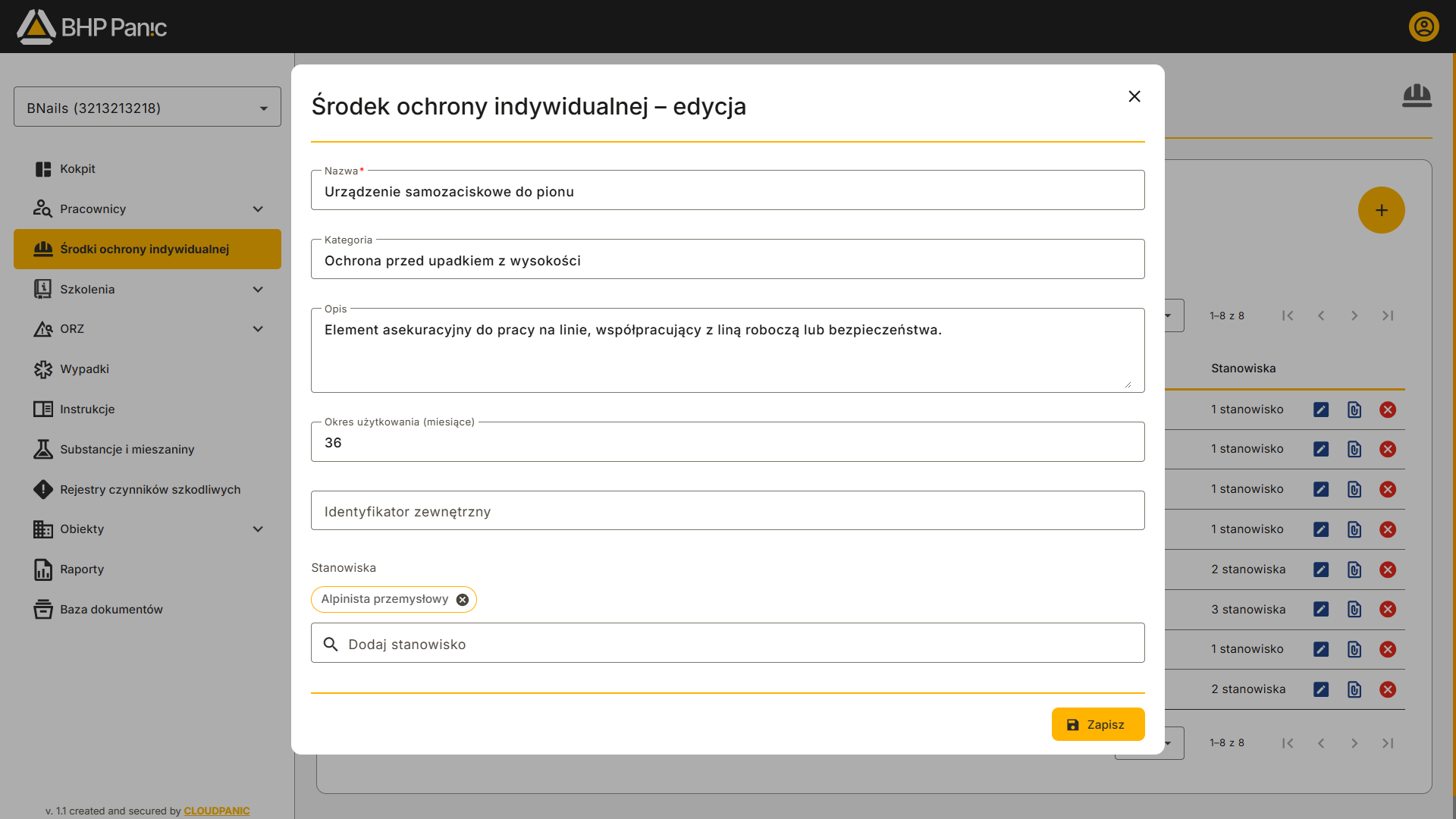 Edycja środka ochrony indywidualnej – formularz danych ŚOI