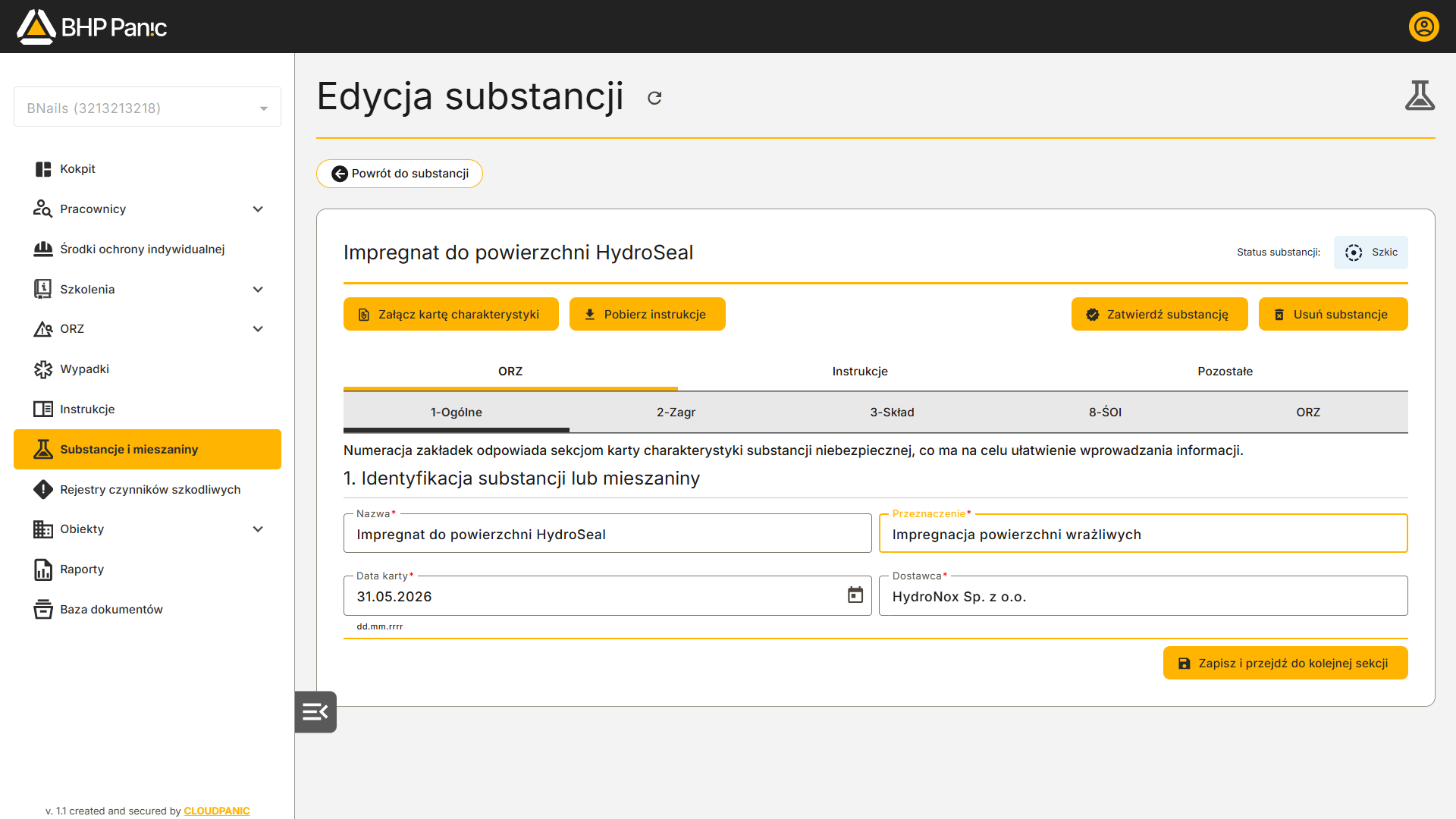 Edycja danych substancji chemicznej – dane, klasyfikacja CLP i&nbsp;karta SDS