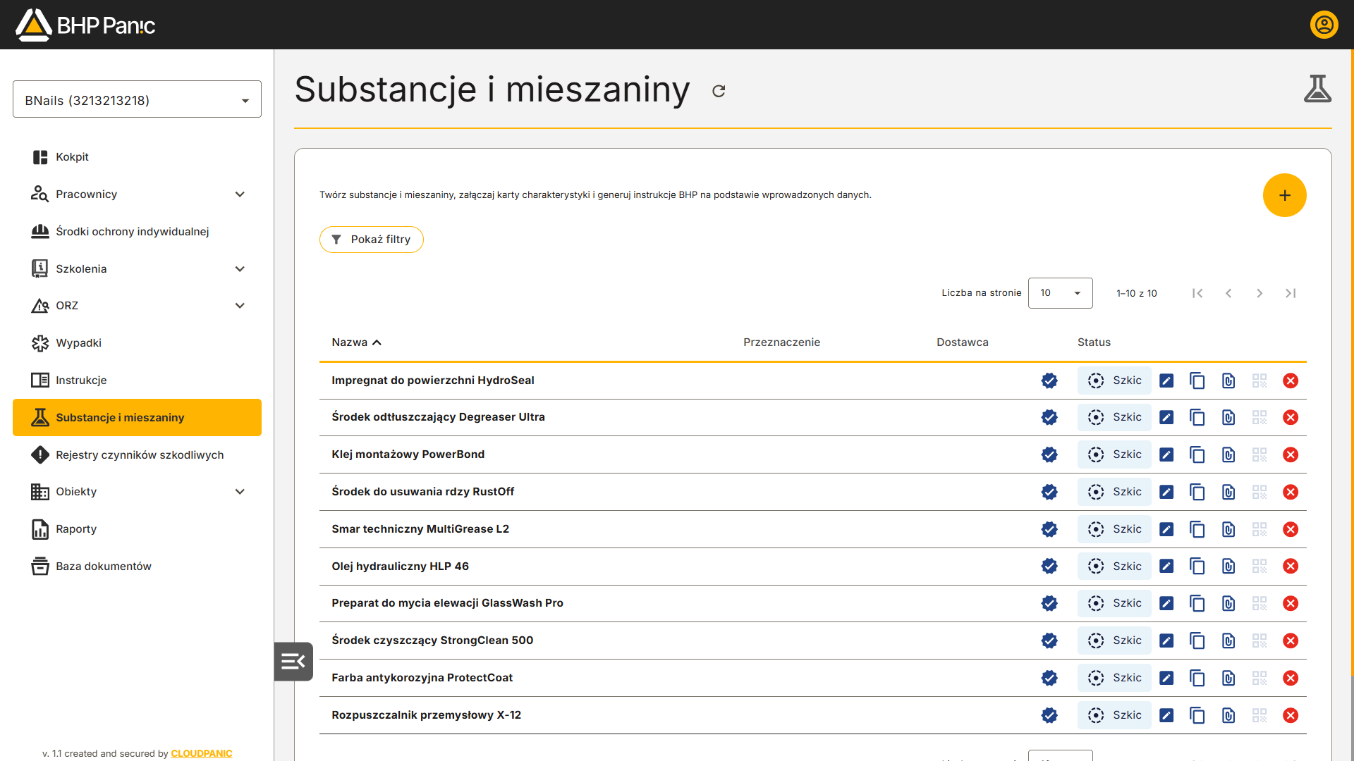 Lista substancji chemicznych i&nbsp;mieszanin w&nbsp;ewidencji firmy