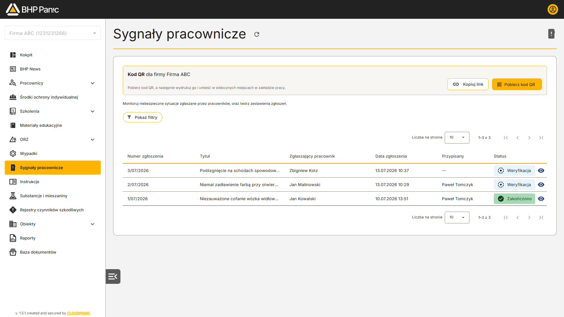 Lista zgłoszeń pracowniczych w&nbsp;module Sygnały pracownicze