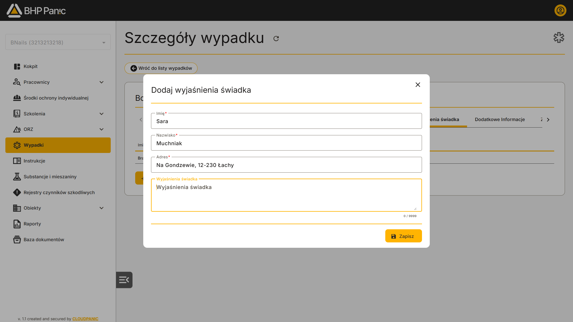 Formularz wyjaśnień świadka wypadku przy pracy