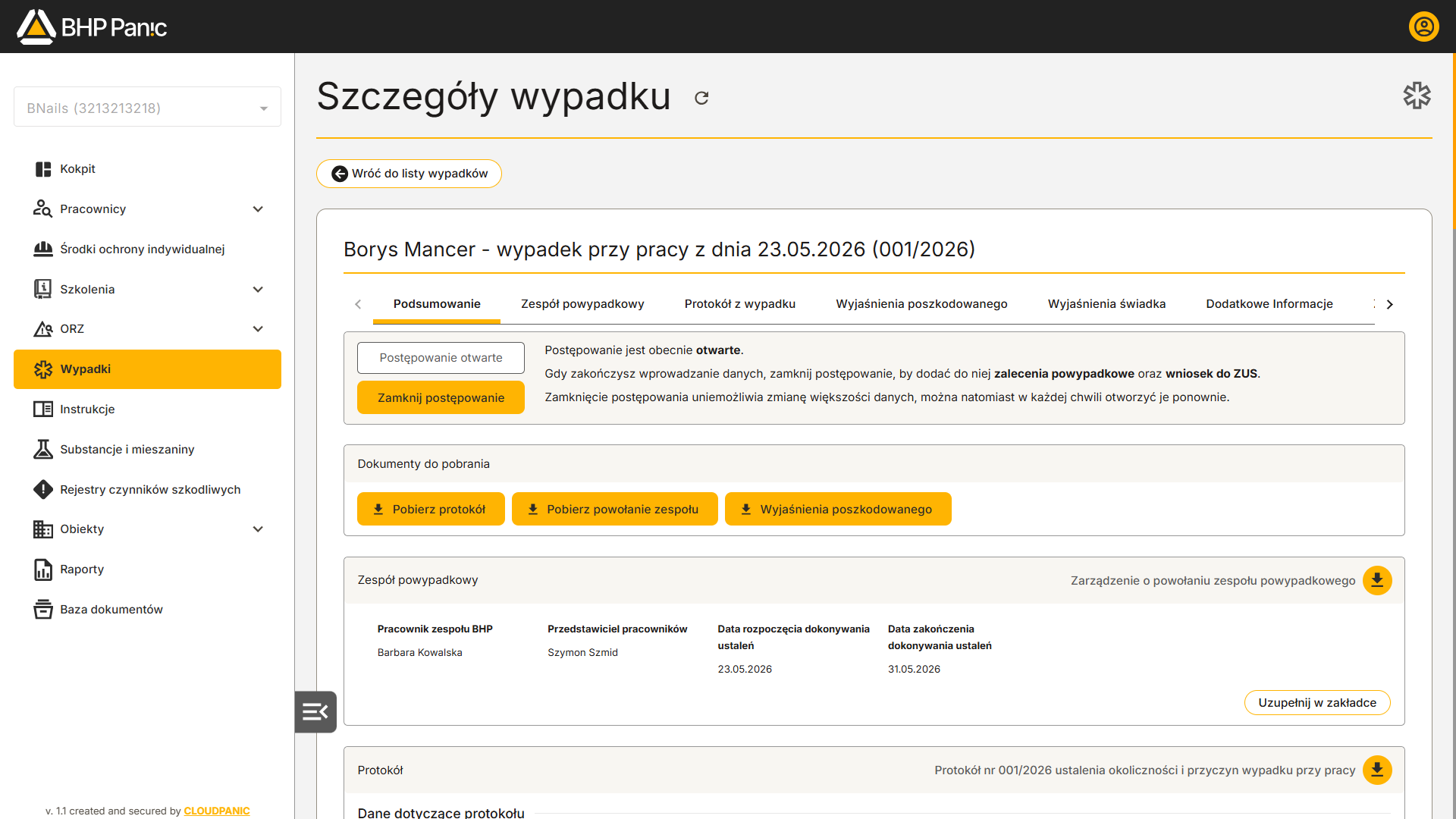 Szczegóły zdarzenia wypadkowego – podsumowanie, zespół powypadkowy, protokół ustalenia okoliczności i&nbsp;przyczyn wypadku