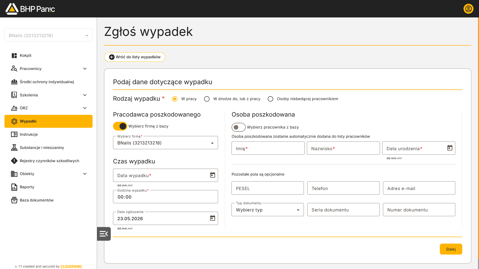 Zgłoszenie wypadku przy pracy – formularz rejestracji zdarzenia